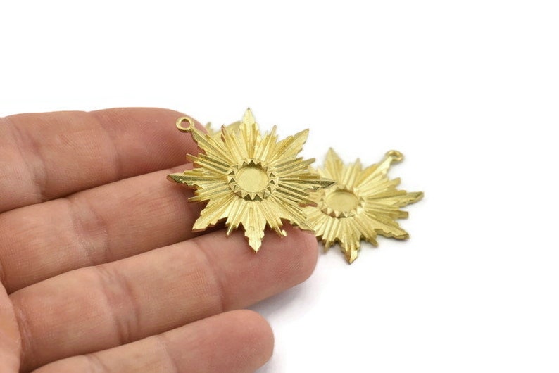 Brass Badge Charm 2 Raw Brass Rosette Charm Pendants With 1 Loop 37x34mm Earrings Pad Size 6mm N757