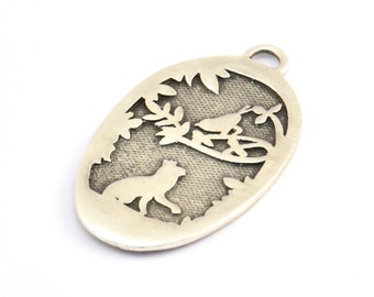 Silver Cat Charm, Antique Silver Plated Brass Cat And Bird Textured Oval Charm With 1 Loop, Blanks (42x24x1.2mm) E218