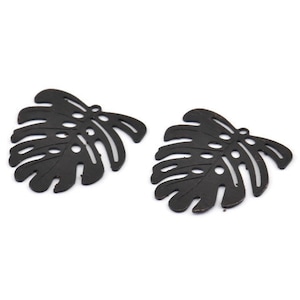 Black Monstera Charm, 12 Textured Oxidized Black Brass Monstera Leaf Charms With 1 Loop (21x22x0.5mm) D872 S1167