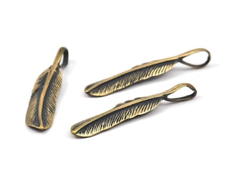 Bronze Feather Pendant , 3 Oxidized Bronze Feather Charms, Necklace Findings (37x7.5mm) S572