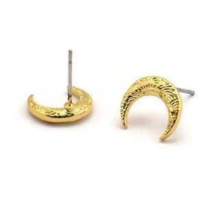 Gold Moon Earring, 4 Gold Plated Brass Crescent Moon Stud Earrings (12x3x2mm) A2182