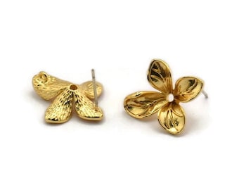 Gold Flower Earring, 2 Gold Plated Brass Flower Stud Earrings With 1 Loop (21x19mm) N1927