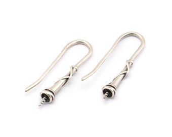 Antique Silver Ear Wires, Earring Hooks, 6 Antique Silver Plated Earring Setting for Pearl, Brass Findings, Crafts (23mm) BS 1708 H0309