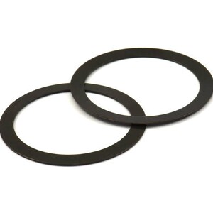 May include: Two black metal washers, one slightly larger than the other, are stacked on top of each other.