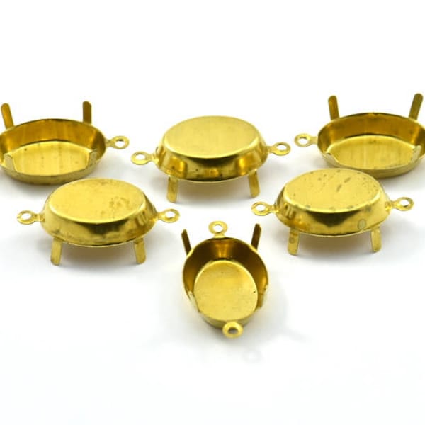 Ellipse Prong Setting, 25 Raw Brass Ellipse 2 Loops, 4 Claws Prong Settings, Connectors (13x18mm) S314