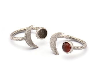 Antique Silver Ring Settings, 3 Antique Silver Plated Brass Moon And Planet Ring With 1 Stone Setting - Pad Size (6.2mm) BS 1964 H0588