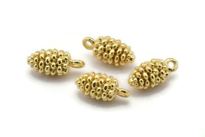 Gold Cone Charm, 2 Gold Plated Brass Pine Cone Charms With 1