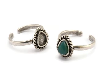 Silver Drop Rings, 2 Antique Silver Plated Brass Adjustable Rings - Pad Size 8x6mm N2095 H1439