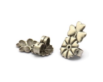 Bouchon de cœur en argent, 24 Boucle d’oreille en laiton plaqué argent antique Bouchon arrière, Boucle d’oreille Stud Back Stoppers (15x10mm) D1054 H0313