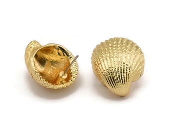 Gold Shell Earring, 2 Gold Plated Brass Sea Shell Stud Earrings (22x19mm) N0939