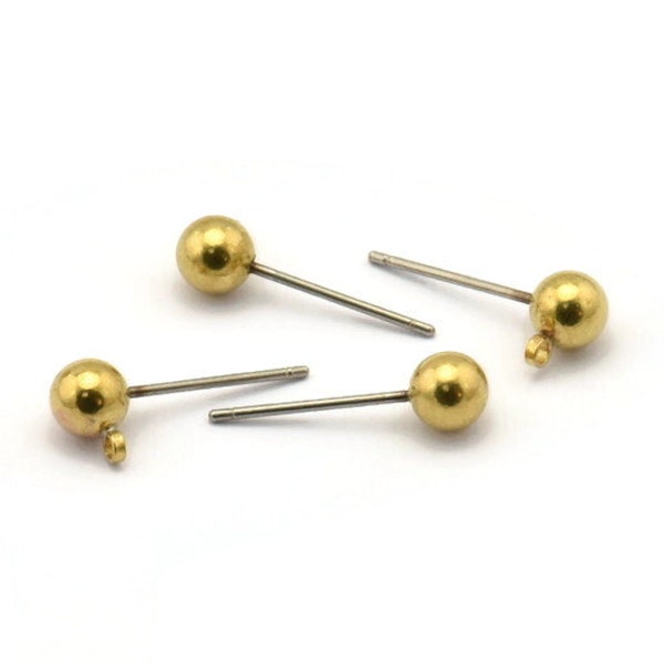 100 Earring Posts with Raw Brass Ball Pad and 5 mm Hole Hook  A0394