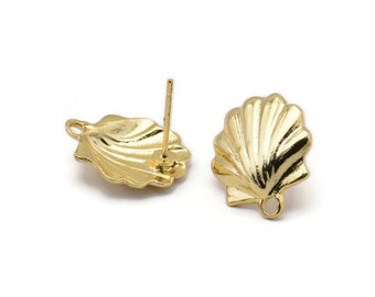 Gold Shell Earring, 4 Gold Plated Brass Sea Shell Stud Earrings With 1 Loop, Findings (16x14mm) N0912