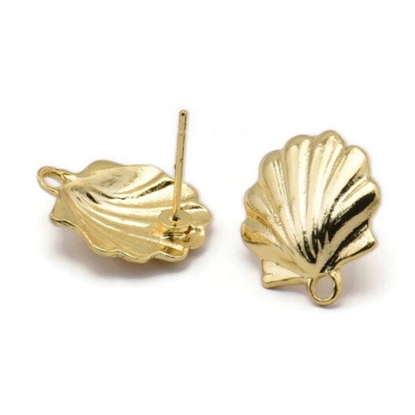 Gold Shell Earring, 4 Gold Plated Brass Sea Shell Stud Earrings With 1 Loop, Findings (16x14mm) N0912