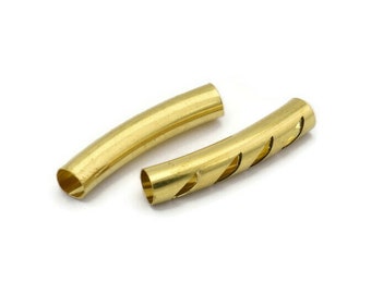 Brass Cutted Bead, 12 Raw Brass Cutted Large Curved Tubes (6x32mm) BS 2213