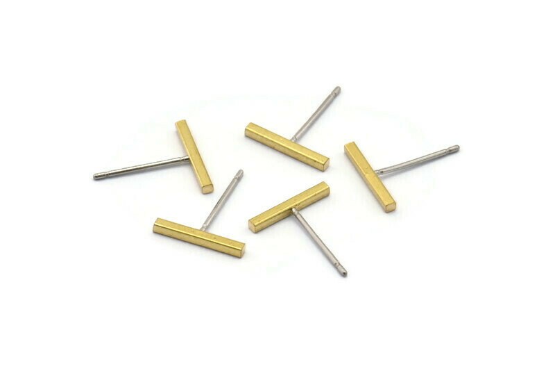 Rectangle Bar Stud, 24 Stainless Steel Earring Posts With Raw Brass F…