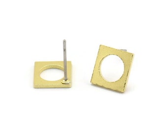 Brass Square Earring, 12 Raw Brass Square Shaped Stud Earrings (12x9x1mm) A3794