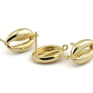 Gold Shell Earring, 2 Gold Plated Brass Cowrie Shell Stud Earrings (17x10mm) N1211