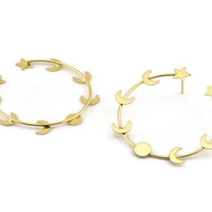 Gold Moon Earring, 2 Gold Plated Brass Moon Phases Stud Earrings (51x1.2mm) D1597