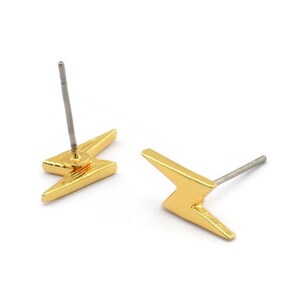Gold Earring, 8 Gold Plated Brass Lightning Bolt Stud Earrings (14x5x1.2mm) N1644