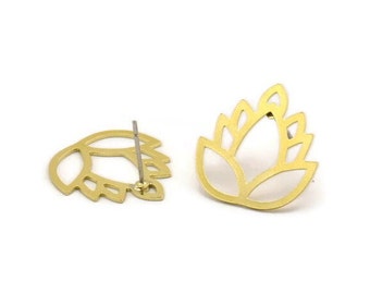 Brass Flower Earring, 6 Raw Brass Lotus Flower Stud Earrings, Findings (20x19x0.60mm) A3599