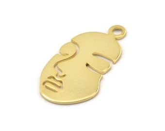 Gold Face Charm, 2 Gold Plated Brass Face Charms With 1 Loop, Pendant Charms (33.5x17x1mm) E023
