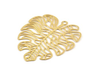 Gold Leaf Charm, 4 Gold Plated Brass Leaf Charms, With 1 Loop And 1 Hole, Findings (35x29x0.30mm) D1671