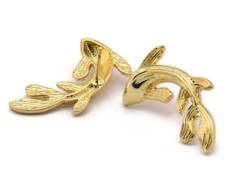 Gold Fish Earring, 2 Gold Plated Brass Fish Stud Earrings (28x16mm) N0774 Q0837