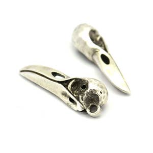 Bird Skull Charm, 4 Antique Silver Plated Brass Bird Skull Pendants, (27x10x8mm) N0493