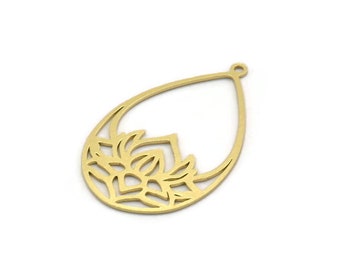 Brass Drop Charm, 4 Raw Brass Lotus Flower Charms With 1 Loop, Findings (35x22x0.60mm) SMP0158 A5781