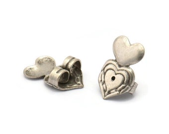 Bouchon de cœur en argent, 24 anciens boucles d’oreilles en laiton plaqué argent bouchon arrière, bouchons arrière à clous de boucle d’oreille (15x10mm) D1055