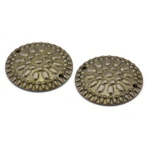 Vintage Textured Connector, 10 Antique Brass Round Connectors, Charms, Pendant, Findings (20mm) Pen 390 K055