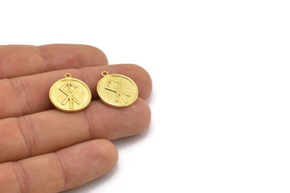 Brass Nordic Runes Charm, Raw Brass Viking Talisman of