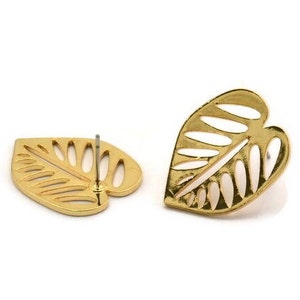 Gold Leaf Earring, 2 Gold Plated Brass Leaf Stud Earrings, Findings (24x19x1mm) A3695 Q0423
