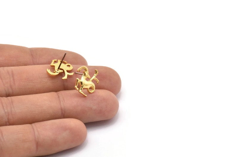 Gold Capricorn Earring, 4 Gold Plated Brass Capricorn Sign Stud Earrings, Zodiac Earring Findings, Zodiac Sign Jewelries 14x12mm SY0287 image 3