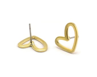 Brass Heart Earring, 10 Raw Brass Heart Stud Earrings (11x14x1mm) D1195 A1221