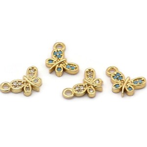 Gold Butterfly Charm, 4 Gold Plated Butterfly, Cubic Zircon, CZ Pave Butterfly Charm, Zircon Charm Pendants (7x11mm) SY0002