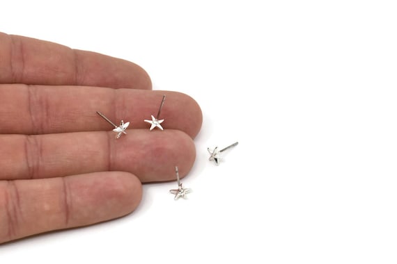 Silver Starfish Earring, 12 925K Sterling Plated Brass Starfish Stud Earrings (7mm) N1176