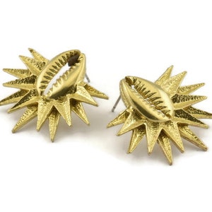 Brass Shell Earring, 2 Raw Brass Cowrie Shell Stud Earrings, Findings (34x31mm) N1006