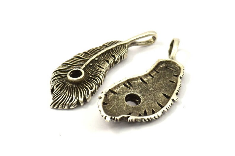 Wide Feather Pendant, 1 Antique Silver Plated Brass Feather Charms, Feather Pendants 50x20mm N0175 image 2