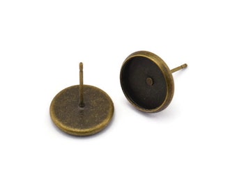 Cabochon Earring Posts, 50 Antique Bronze Earring Posts 10mm Pad, Ear Studs Cabochon Setting D0191