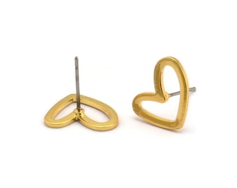 Gold Heart Earring, 10 Gold Plated Brass Heart Stud Earrings