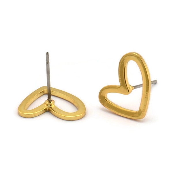 Gold Heart Earring, 10 Gold Plated Brass Heart Stud Earrings (11x14x1mm) D1195 A1221 Q1081