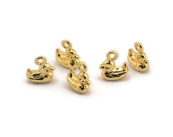 Gold Duck Charm, 6 Gold Plated Brass Duck Charm With 1 Loop, Findings (8mm) N0895
