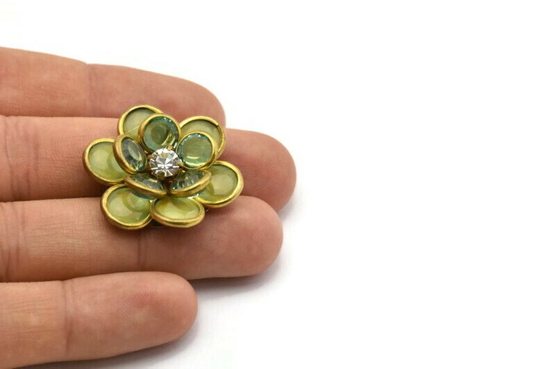 Ab Lucite And Brass Frame Caged Rhinestone Flower Flatback Beads, Cabochons 32 Mm B-21 image 3