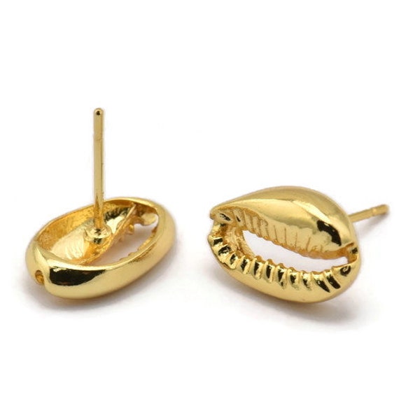 Gold Shell Earring, 4 Gold Plated Brass Cowrie Shell Stud Earrings (14x9mm) N1959