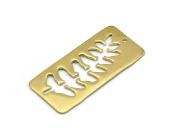 Brass Leaf Charm, 2 Raw Brass Leaf Textured Rectangle Charms With 1 Hole, Pendants (38x19mm) V100