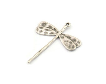 Silver Dragonfly Charm, 6 Antique Silver Plated Brass Dragonfly Charms With 1 Loop (28x23mm) N0537