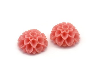 Flower Cabochons, 4 Coral Pink Chrysanthemum Flower Cabochons (18x9mm) T033