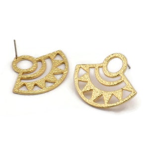Gold Ethnic Earring, 2 Gold Plated Brass Semi Circle Stud Earrings With 1 Hole (32x26x1mm) E664 A1278