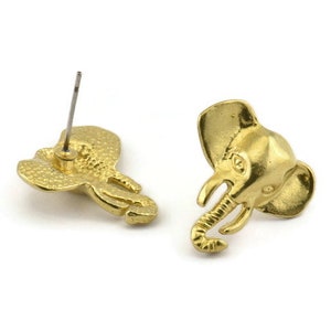 Brass Elephant Earring, 4 Raw Brass Elephant Stud Earrings (19mm) N1042